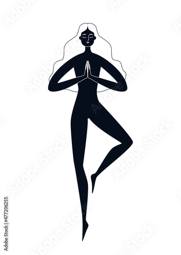 Silhouette of a woman meditating in the air isolated. A woman is in a state of harmony and weightlessness over the earth. Black on white vector illustration of a female silhouette on a white
