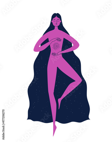 Free Woman meditates in the air. In her long hair, small stars of the night sky are visible. He holds the energy of Reiki in his hands. Color vector illustration of a girl in harmony.