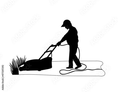 A man mows the grass with a lawn mower. A black silhouette of an employee working in the park. Vector illustration isolated on a white background.