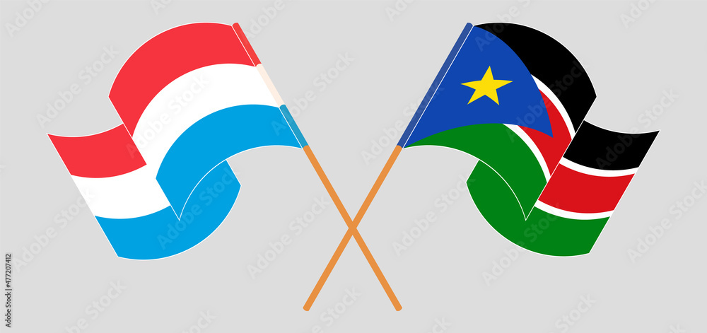 Crossed and waving flags of Luxembourg and South Sudan Crossed and waving flags of Luxembourg and South Sudan