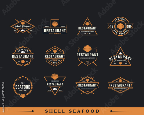Set of Classic Vintage Retro Label Badge for Seafood Seashell Pearl Oyster Scallop Shell Oyster Cockle Clam Mussel Logo Restaurant Design Inspiration