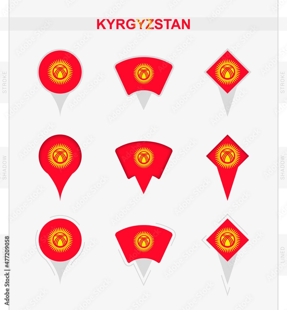 Kyrgyzstan flag, set of location pin icons of Kyrgyzstan flag. Kyrgyzstan flag, set of location pin icons of Kyrgyzstan flag.