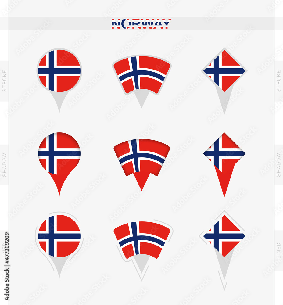 Norway flag, set of location pin icons of Norway flag. Norway flag, set of location pin icons of Norway flag.