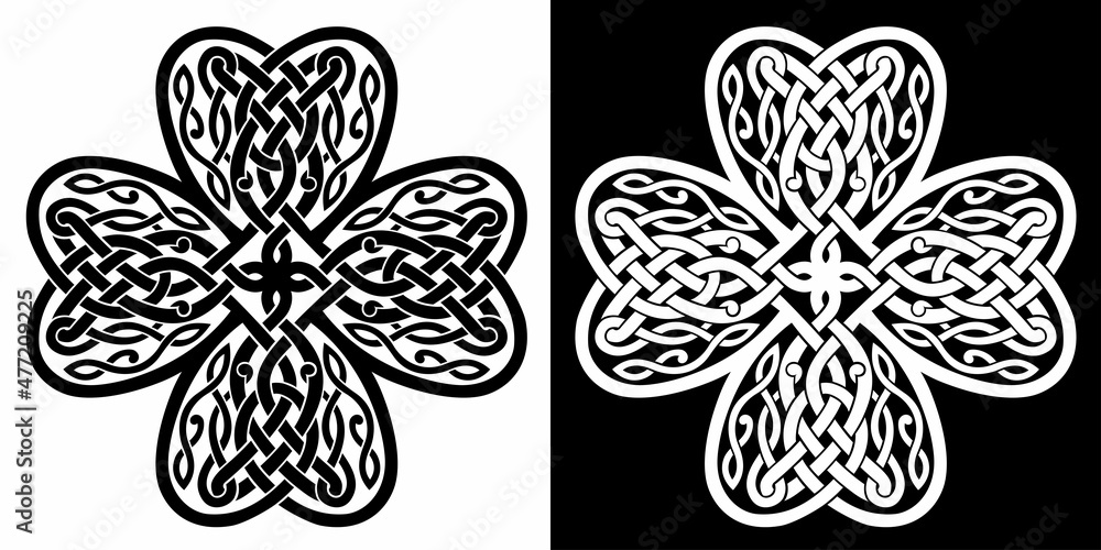 Four-leaf clover shaped knot made of Celtic heart shape knots, black and white silhouette, celtic style. Isolated vector illustration - obrazy, fototapety, plakaty 