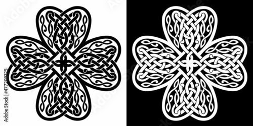 Four-leaf clover shaped knot made of Celtic heart shape knots, black and white silhouette, celtic style. Isolated vector illustration