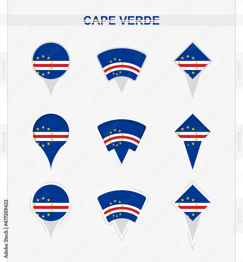 Cape Verde flag, set of location pin icons of Cape Verde flag. Cape Verde flag, set of location pin icons of Cape Verde flag.