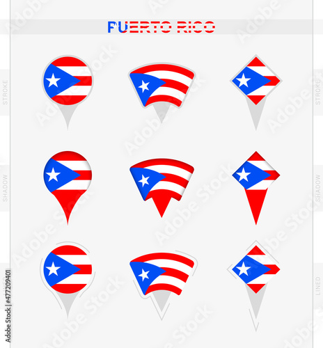 Puerto Rico flag, set of location pin icons of Puerto Rico flag.