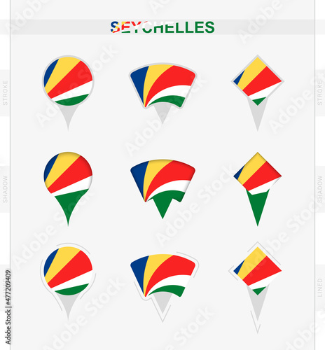 Seychelles flag, set of location pin icons of Seychelles flag.