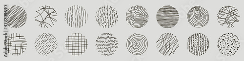 Set of round Abstract Patterns. Hand drawn doodle shapes. Spots, Curves, Lines. Vector illustration. Social media Icons templates