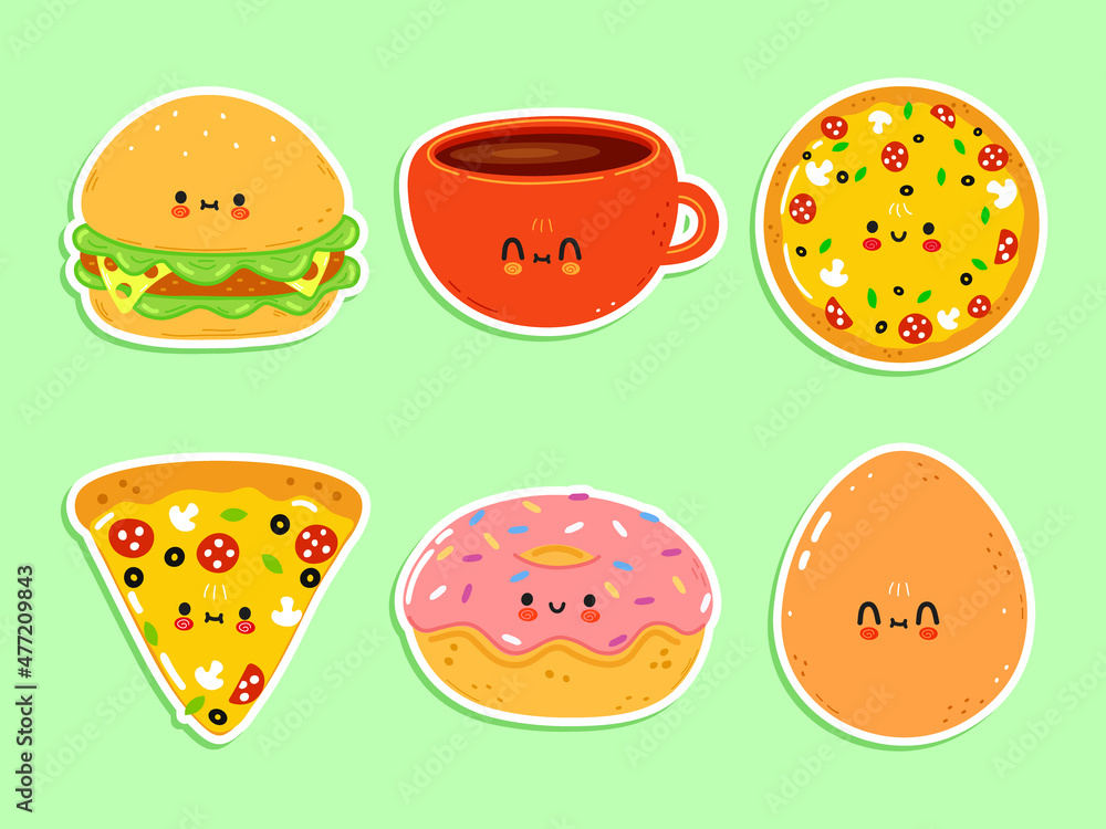 Cute happy fastfood icons set. Vector hand drawn trendy cartoon character illustration. Set of fastfood for postcard, print, label set concept Cute happy fastfood icons set. Vector hand drawn trendy cartoon character illustration. Set of fastfood for postcard, print, label set concept