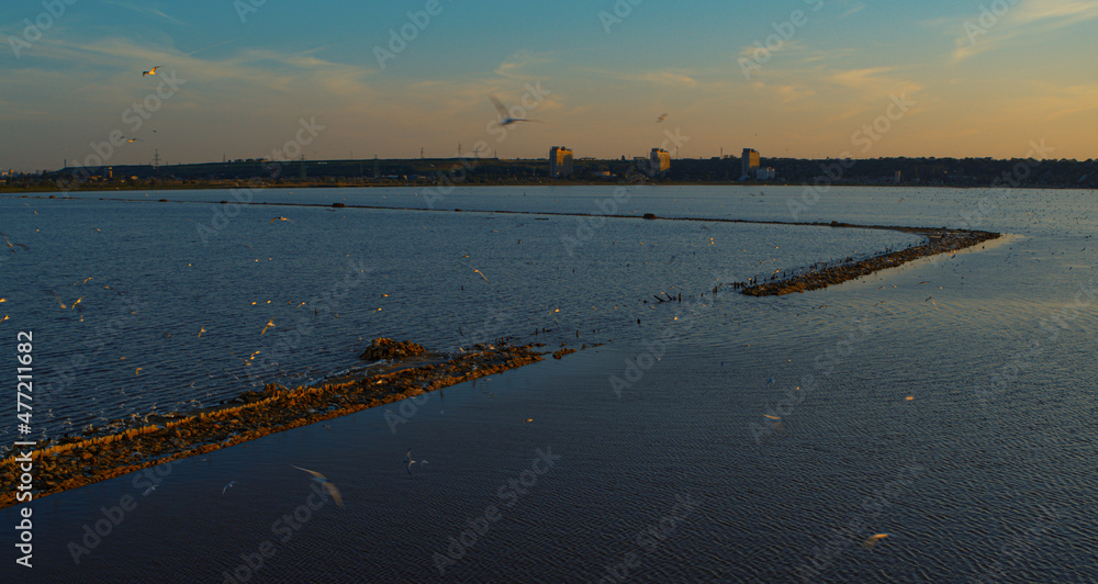 Evening on calm beach. Drone estuary view with peaceful beach in background.
