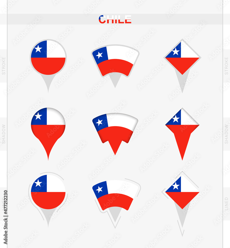Chile flag, set of location pin icons of Chile flag. Chile flag, set of location pin icons of Chile flag.