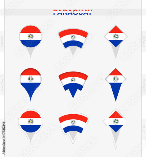 Paraguay flag, set of location pin icons of Paraguay flag.