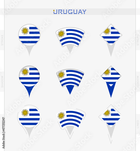 Uruguay flag, set of location pin icons of Uruguay flag.