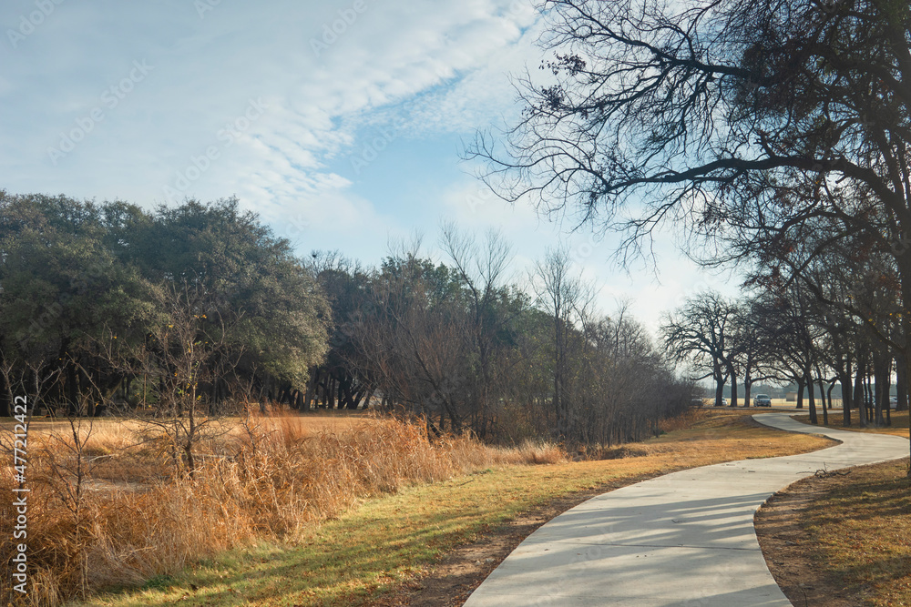 Fototapeta premium Brownwood Texas lake, walking trail, sunny day mourning, beautiful relaxing panorama view, recreation area.