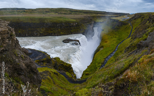 Picturesque full of water big waterfall Gullfoss autumn view  southwest Iceland.