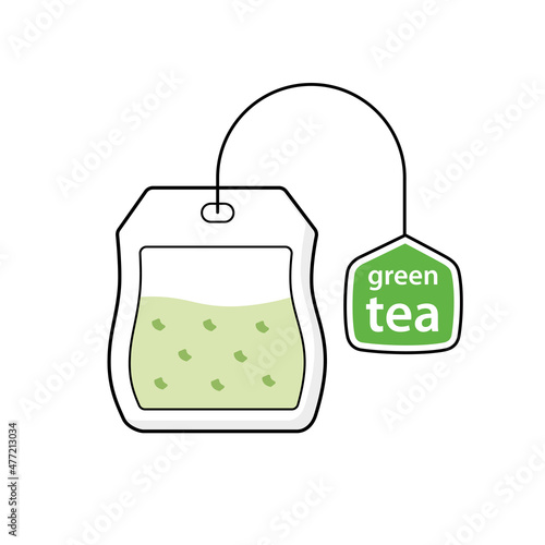 Green tea bag with label isolated cartoon vector