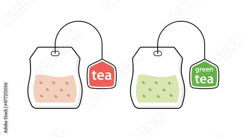 Black and green tea bag with label isolated cartoon vector