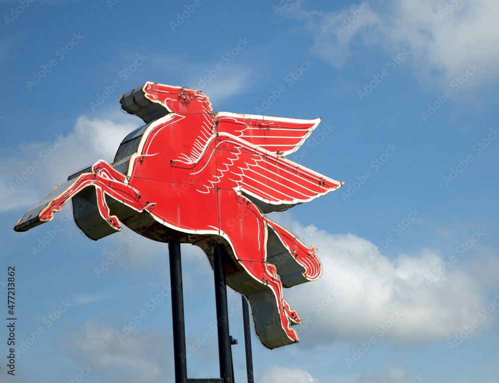 Mobil Gasoline Mobilgas Pegasus Flying Red Horse Gas Station symbol. St ...