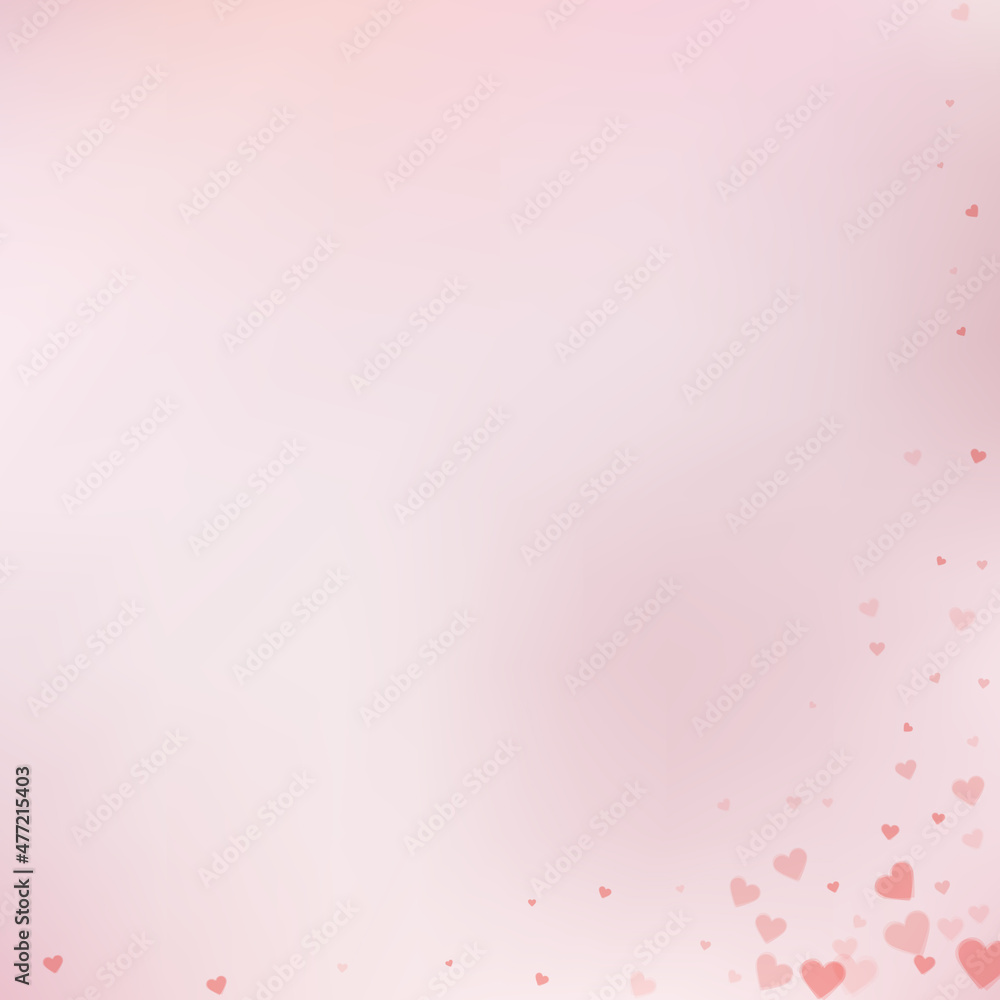 Red heart love confettis. Valentine's day corner curious background. Falling transparent hearts confetti on color transition background. Delightful vector illustration.