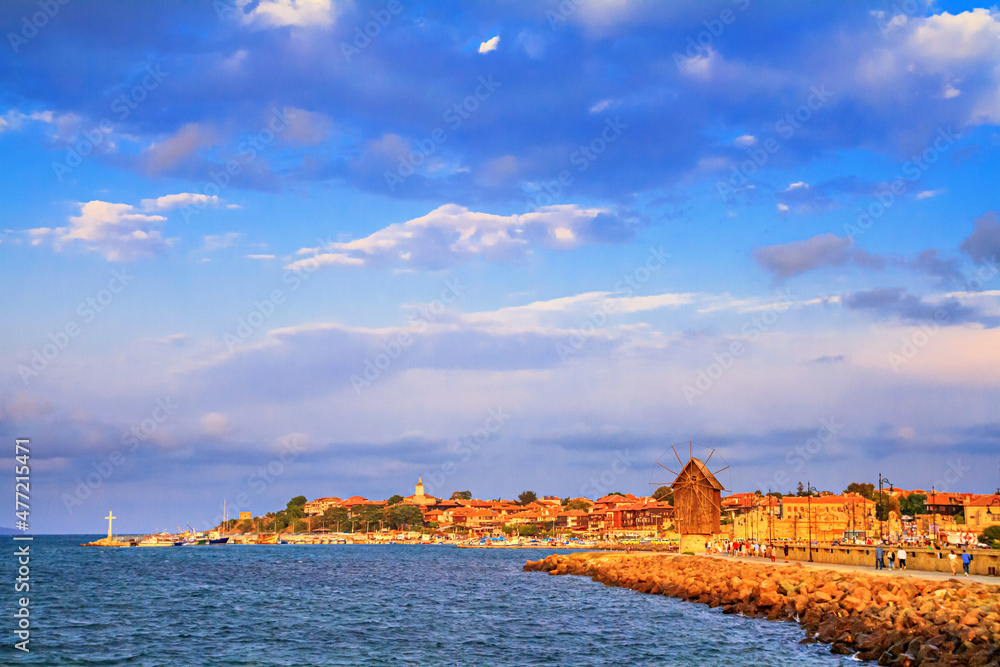 Seaside landscape - view of the Old Town of Nessebar in the rays of the sun, on the Black Sea coast of Bulgaria