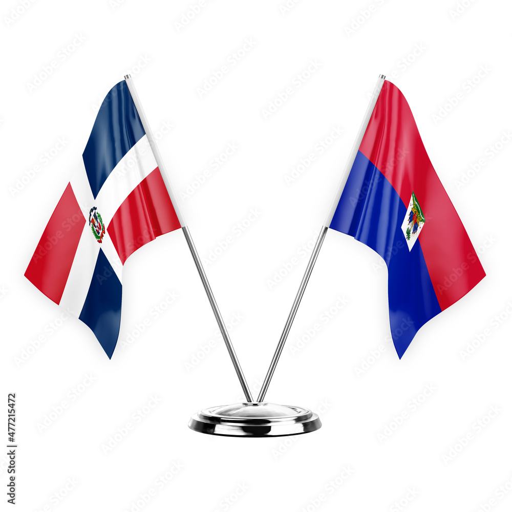 Two table flags isolated on white background 3d illustration, dominican republic and haiti
