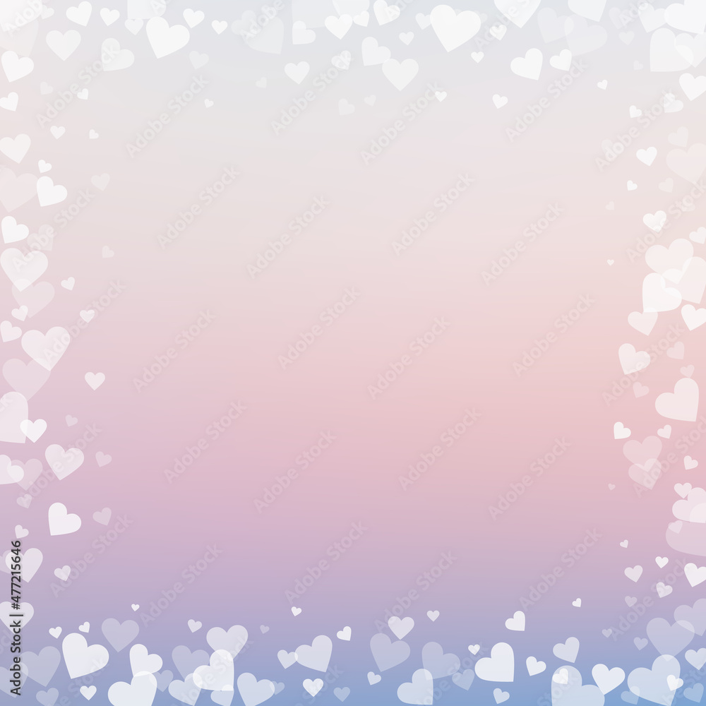 White heart love confettis. Valentine's day frame stunning background. Falling transparent hearts confetti on delicate background. Enchanting vector illustration.