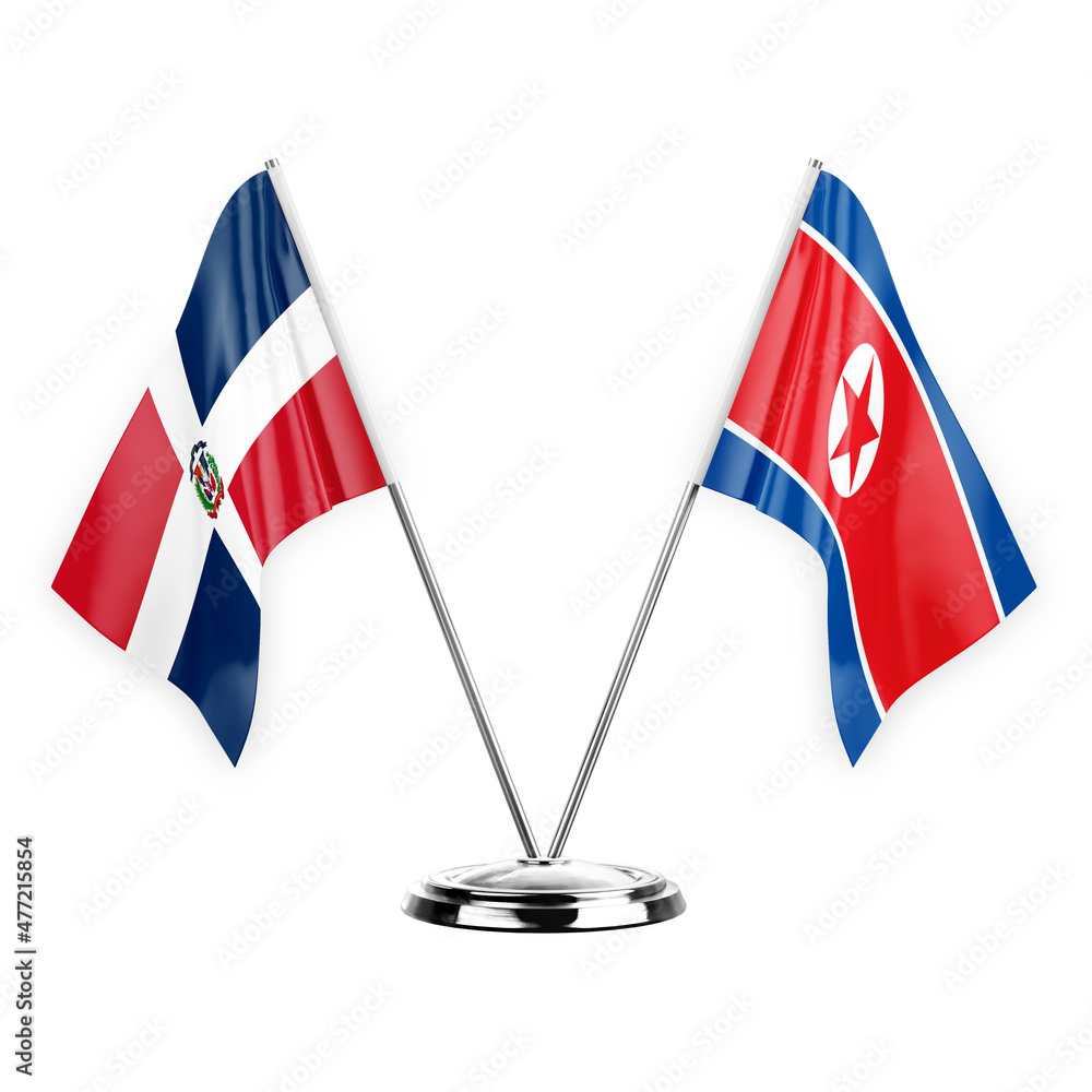Two table flags isolated on white background 3d illustration, dominican republic and north korea