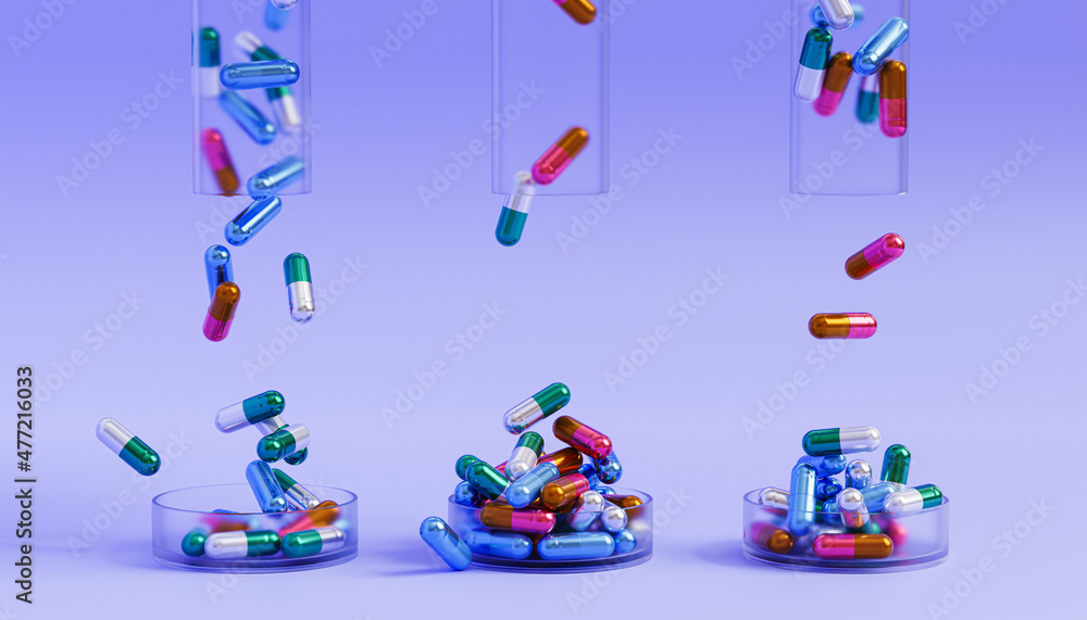 Capsule pills in glass on violet background, healthcare medical concept, antibiotics and cure, 3d render