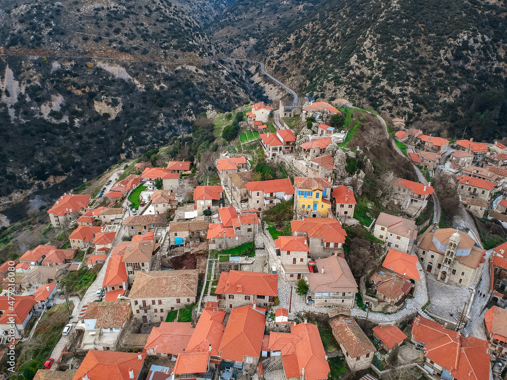 Aerial view over the beautiful historical village Dimitsana during winter period in Arcadia, Peloponnese, Greece