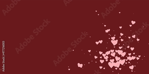 Pink heart love confettis. Valentine's day explosion splendid background. Falling stitched paper hearts confetti on maroon background. Delightful vector illustration.