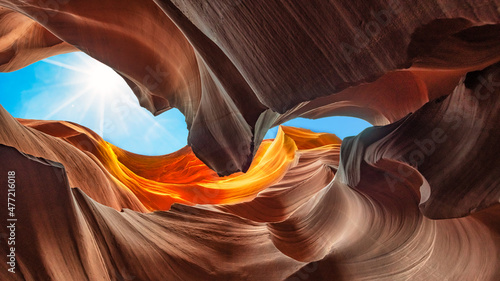 Sun rays in opening of Antelope Canyon in Page, Arizona 