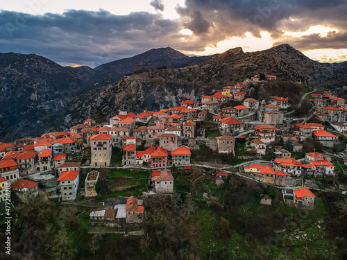 Aerial view over the beautiful historical village Dimitsana during winter period in Arcadia, Peloponnese, Greece photo