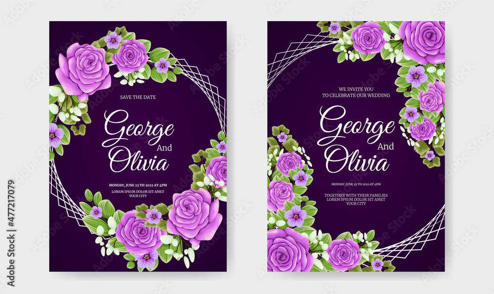 wedding invitation card set with beautiful purple roses