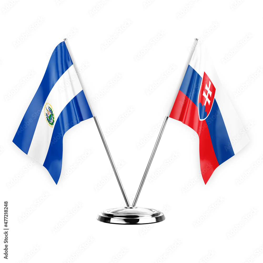 Two table flags isolated on white background 3d illustration, el salvador and slovakia - obrazy, fototapety, plakaty 