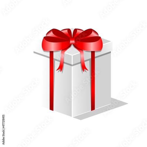 A gift in a white square box with a red bow.
