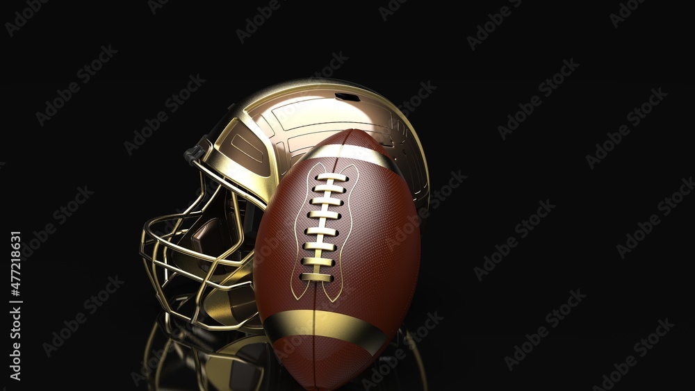 American football Gold-Blown helmet and Gold-Blown Ball under black laser lighting. 3D illustration. 3D CG. 3D high quality rendering. American football Gold-Blown helmet and Gold-Blown Ball under black laser lighting. 3D illustration. 3D CG. 3D high quality rendering.