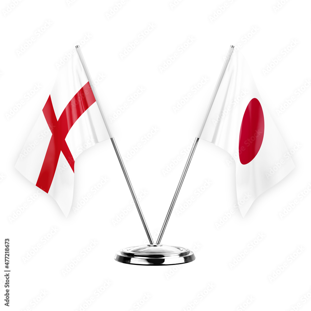 Two table flags isolated on white background 3d illustration, england and japan Two table flags isolated on white background 3d illustration, england and japan