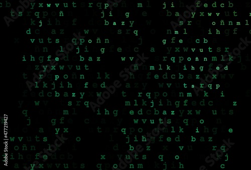Dark green vector background with signs of alphabet.