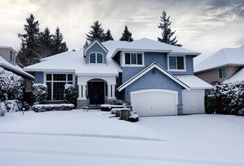 Snowflakes falling on snowy suburban home and lawn with snow in forefront