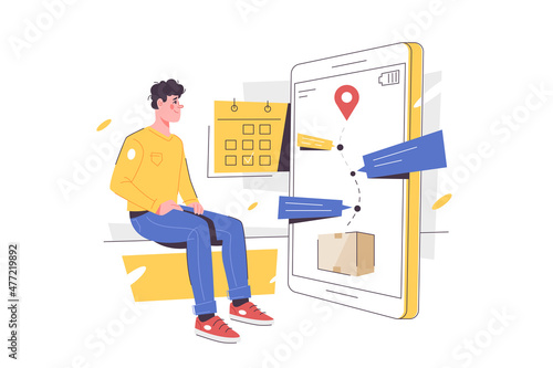 Man wait for delivery, online route on smartphone