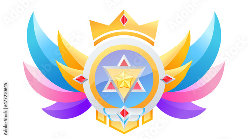Medal with wing and crown. Game flat icons. Award vector illustration.