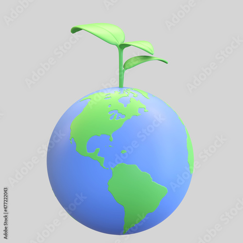 planet earth icon with green leaf plant eco friendly symbol 3d render illustration