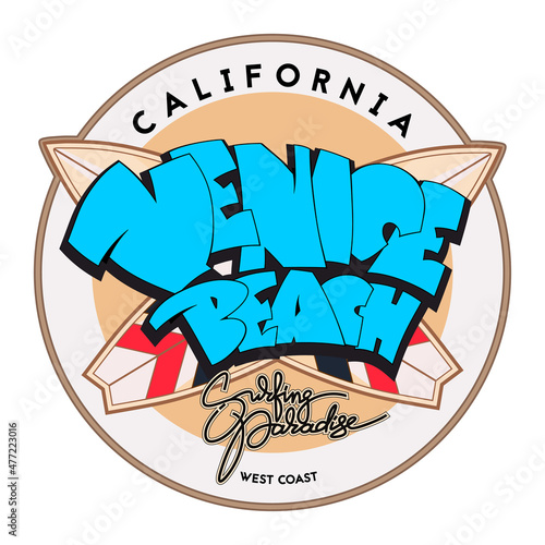 Venice beach surfing theme logo in retro style. Vector illustration.