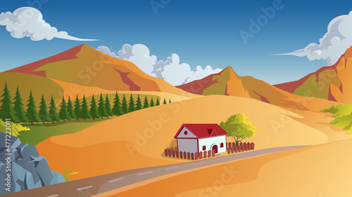 vector landscape illustration of  the house in the middle of the dessert
