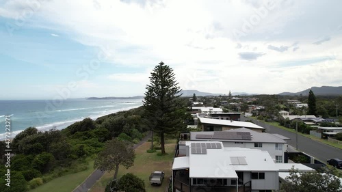 Aerial view of beachfront houses and property in Lake Cathie, NSW Australia. Drone 4k photo