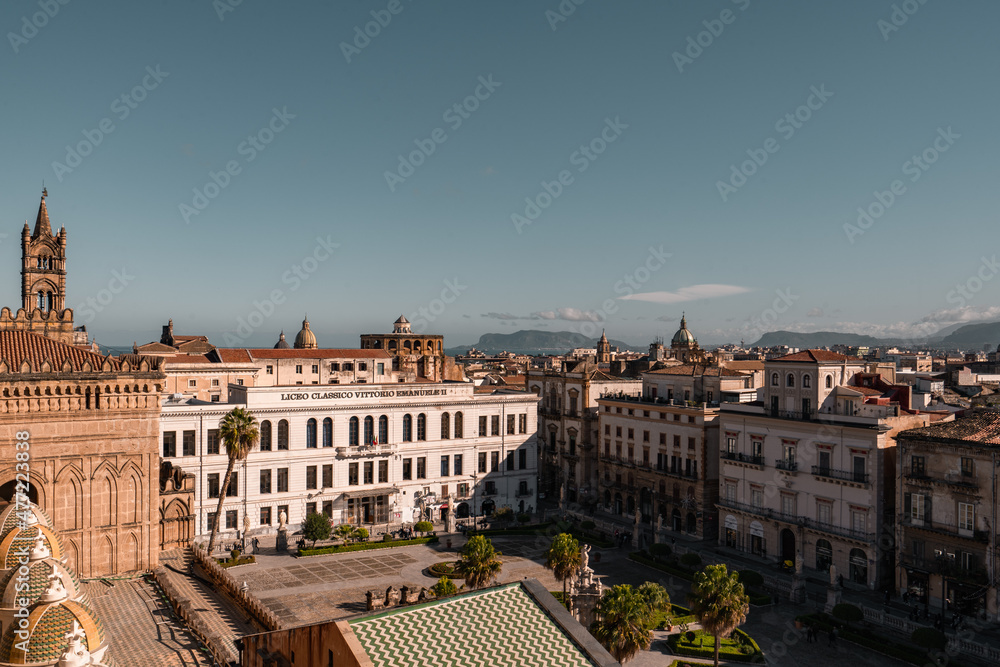Aerial view of city Palermo at sunset, Sicily, Italy
