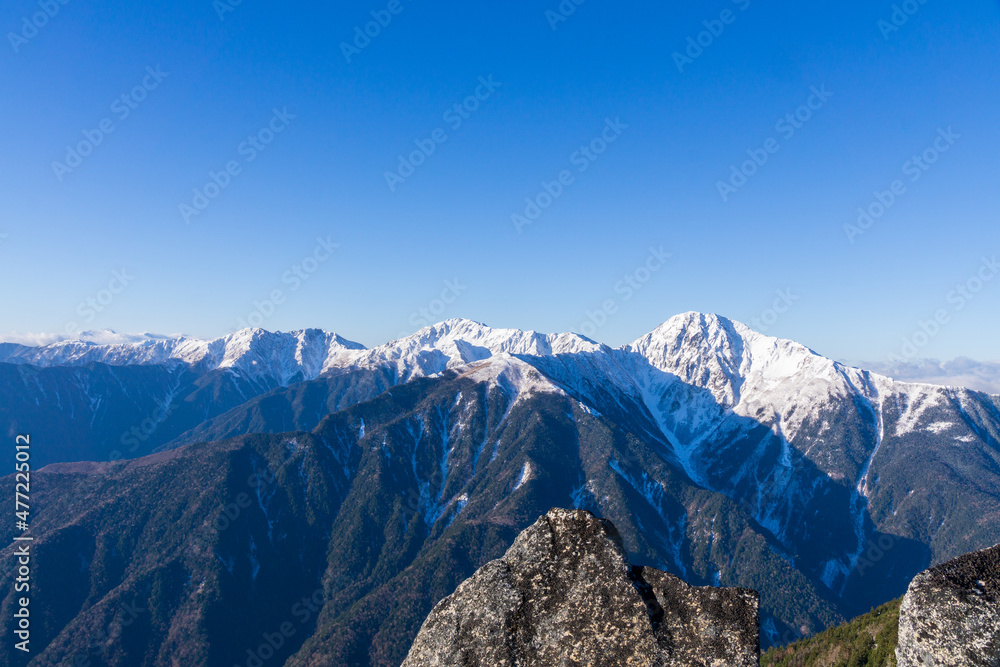 南アルプスの山岳風景　冬　白峰三山