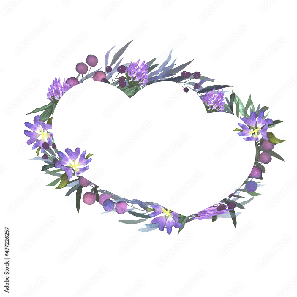 Watercolor flower wreath - doubleheart shape.