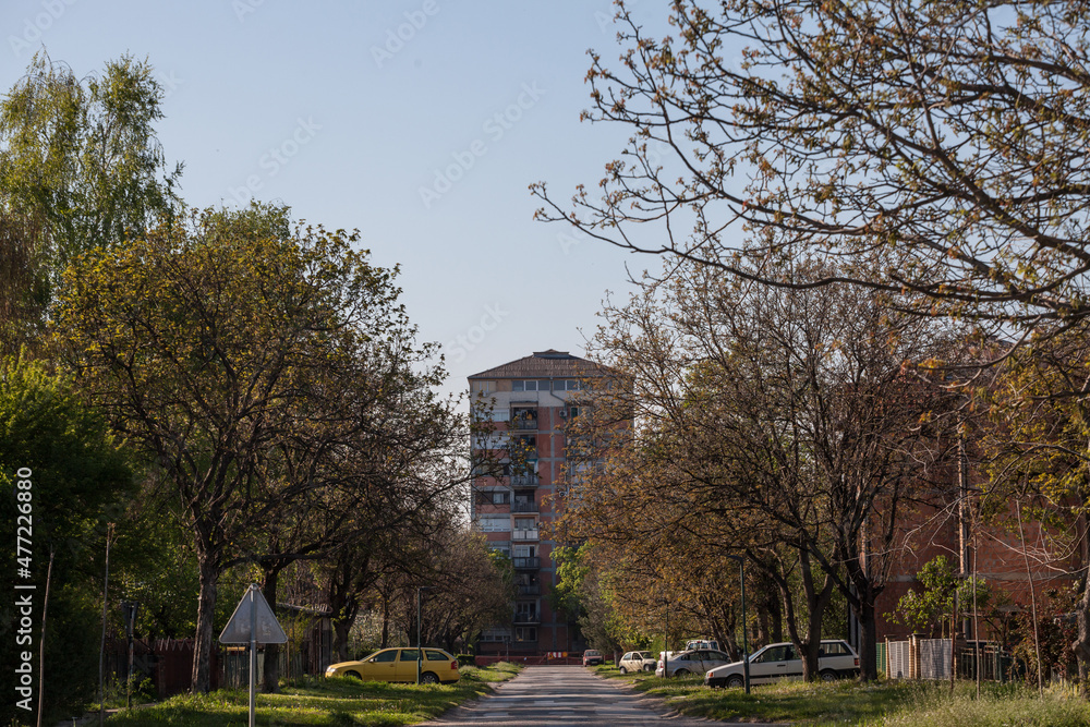 Three Communist housing buildings in Pancevo, Serbia from a nearby street. This kind of towers are a symbol of Socialist architecture and of the economic transition Eastern Europe faced..... Three Communist housing buildings in Pancevo, Serbia from a nearby street. This kind of towers are a symbol of Socialist architecture and of the economic transition Eastern Europe faced.....